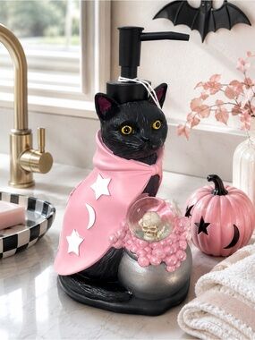 Pink & Black Cat Halloween Soap Dispenser with Skull Crystal Ball Cauldron